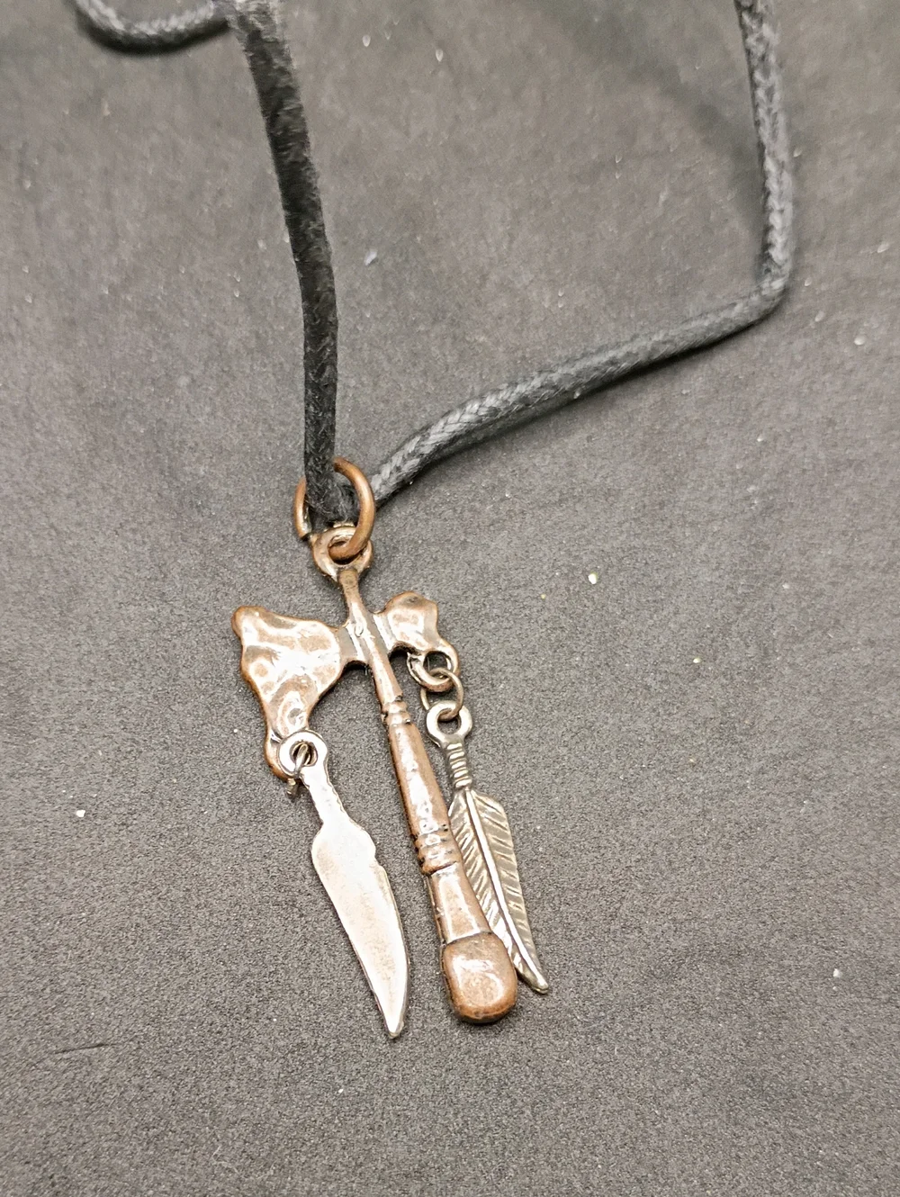 Unisex Black Cord Necklace with Bronze Arrow & Knife Charms
